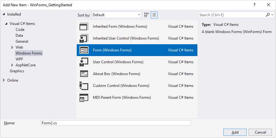 The 'Add New Item' window, expanded to 'Visual C# Items' > 'Windows Forms', selecting 'Form (Windows Forms)'.