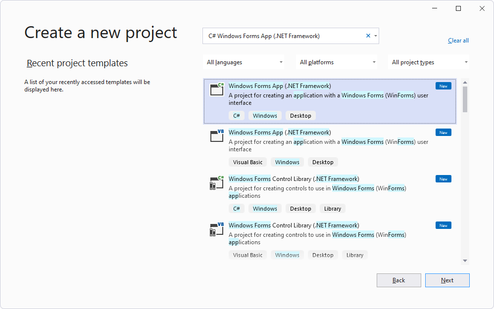 In the 'Create a new project' panel, select 'C# > Windows Forms App (.NET Framework)'.