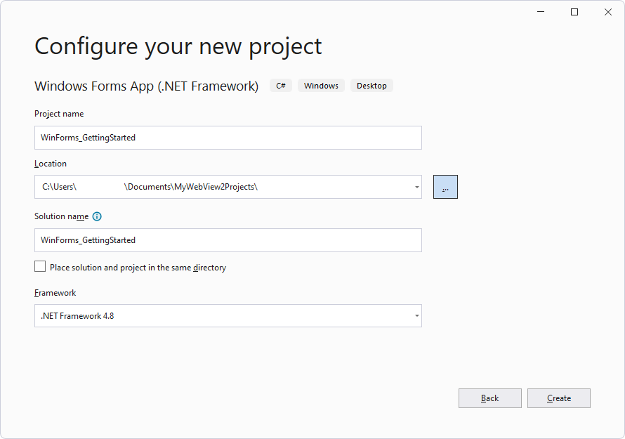 Filling in the 'Configure your new project' window.