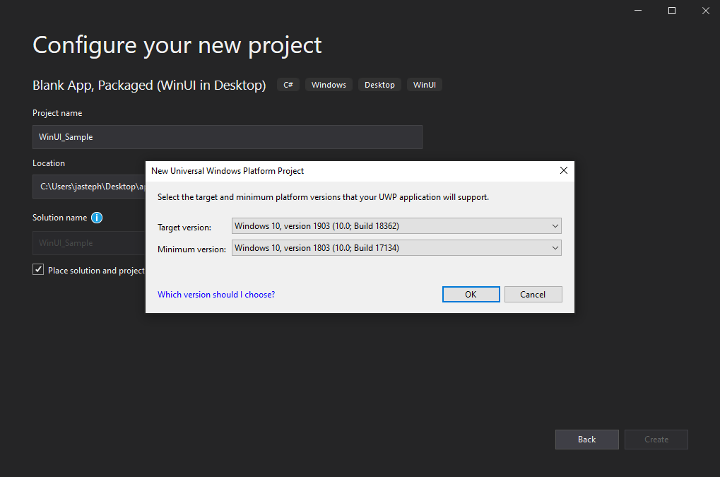 The New Universal Windows Platform Project dialog with selected values for Target version and Minimum version.