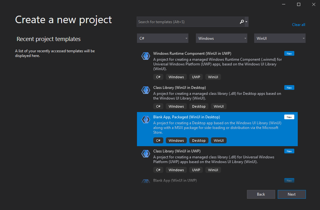 Create a new WinUI project using Visual Studio.