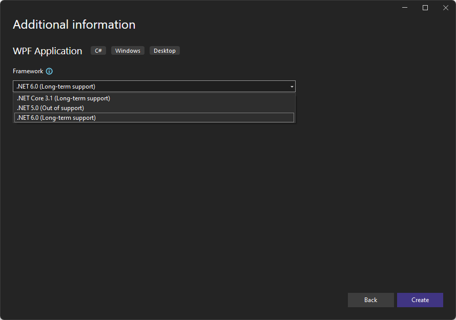 The 'Additional information' dialog with a 'Target Framework' dropdown list.