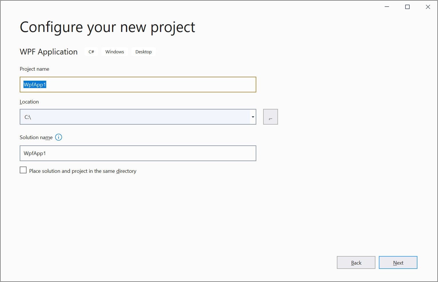 The 'Configure your new project' WPF application dialog box.