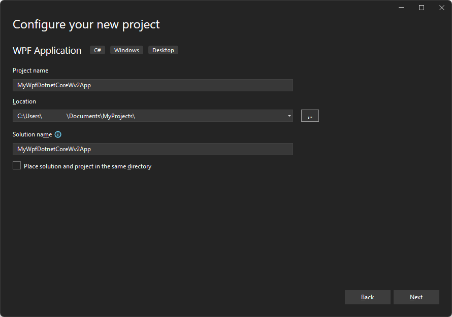 The 'Configure your new project: WPF Application' dialog for a .NET Core/5/6 project