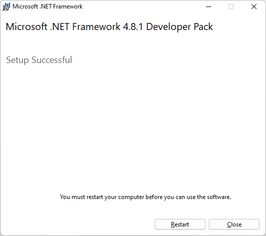 Setup Successful for installing .NET Framework