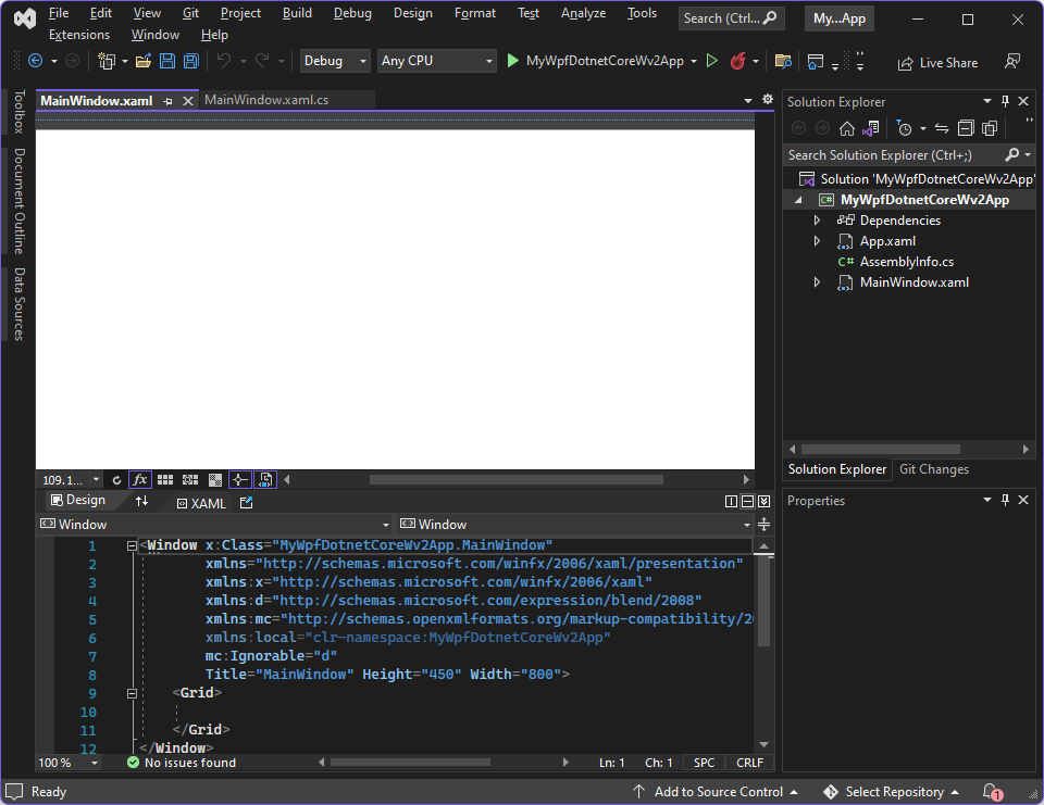 Initial project in Visual Studio 2022 using .NET Core WPF Application template