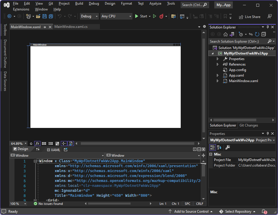 Initial project in Visual Studio 2022 using the WPF App (.NET Framework) template