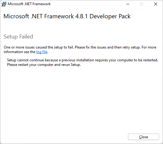 Restart to install .NET Framework