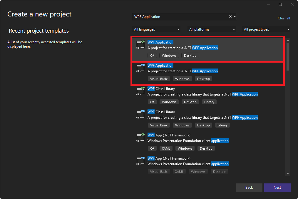 Selecting the template 'WPF Application: .NET Core WPF Application' in the 2022 'Create a new project' dialog