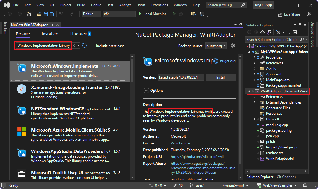NuGet Package Manager, selecting the 'Windows Implementation Library' package