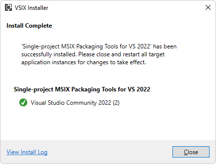 VSIX Install Complete dialog