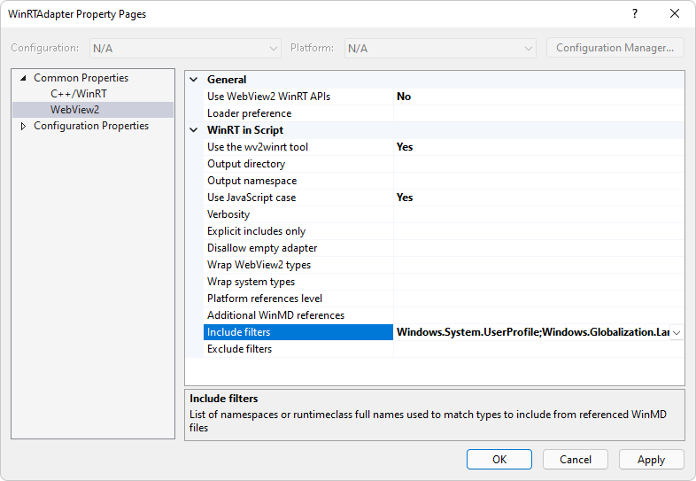 The 'WinRTAdapter Property Pages' dialog, with 'Common Properties > WebView2' expanded