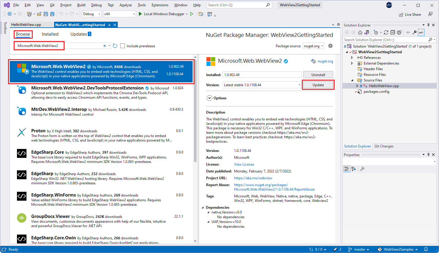 Selecting the 'Microsoft.Web.WebView2' package in NuGet Package Manager in Visual Studio.
