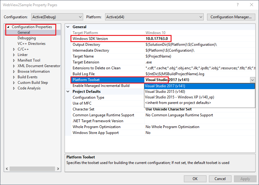 In Visual Studio 2017, set Windows SDK Version to 10, and Platform Toolset to Visual Studio.