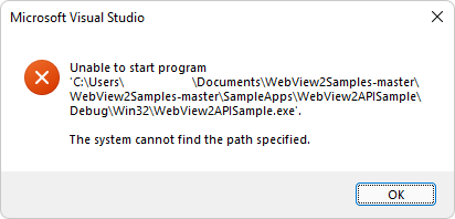 Dialog box: Unable to start program: Cannot find the path specified.