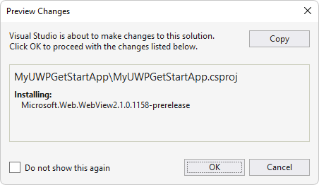 The Preview Changes dialog box for the WebView2 NugGet package.