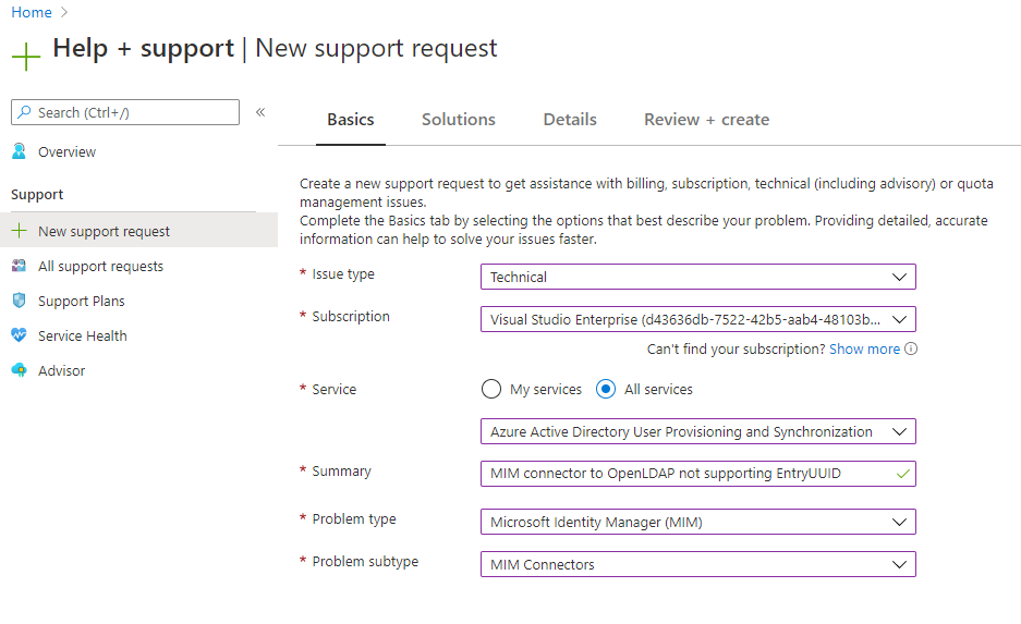 Create MIM Support request