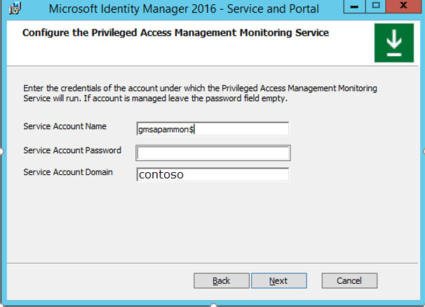 The Configure Privileged Access Management Monitoring Service window