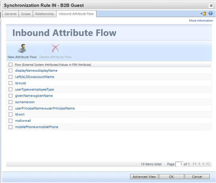 Screenshot showing the Inbound Attribute Flow tab on the Synchronization Rule IN screen.