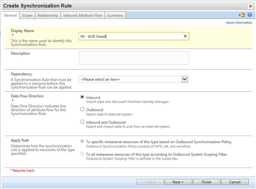 Screenshot showing the General tab on the Create Synchronization Rule screen with the synchronization rule name entered.