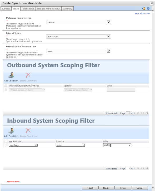 Screenshot showing the Scope tab with Metaverse Resource Type, External System, External System Resource Type, and Filters.
