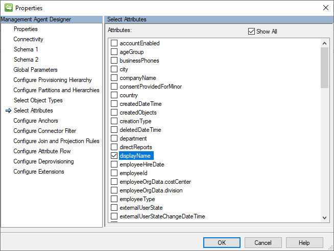 Connector settings page image with a displayName attribute selected