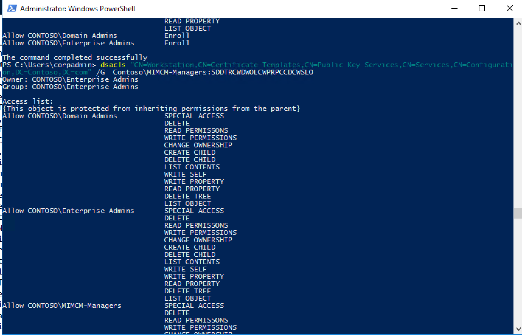 Screenshot of Windows PowerShell showing delegating permissions.