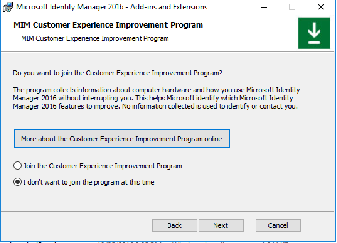 Screenshot showing the opt-out screen for Microsoft Identify Management Customer Experience Improvement Program.