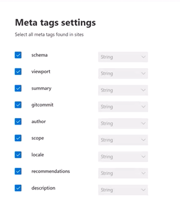 Meta tag settings with author, locale, and other tags selected.