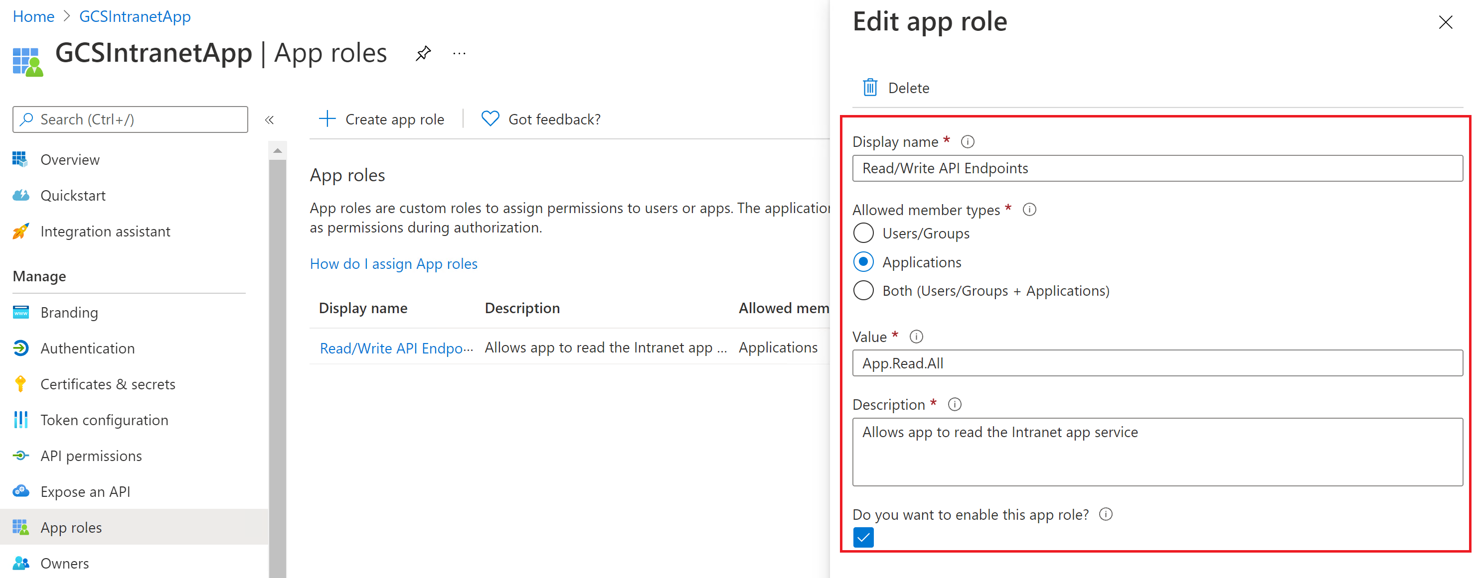 Image showing the section to edit an app role.