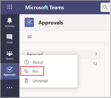 shows the approvals app with the pin option.