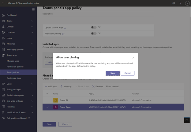 Screenshot of the setup policy section within the user interface with a pop-up confirming user pinning is active.