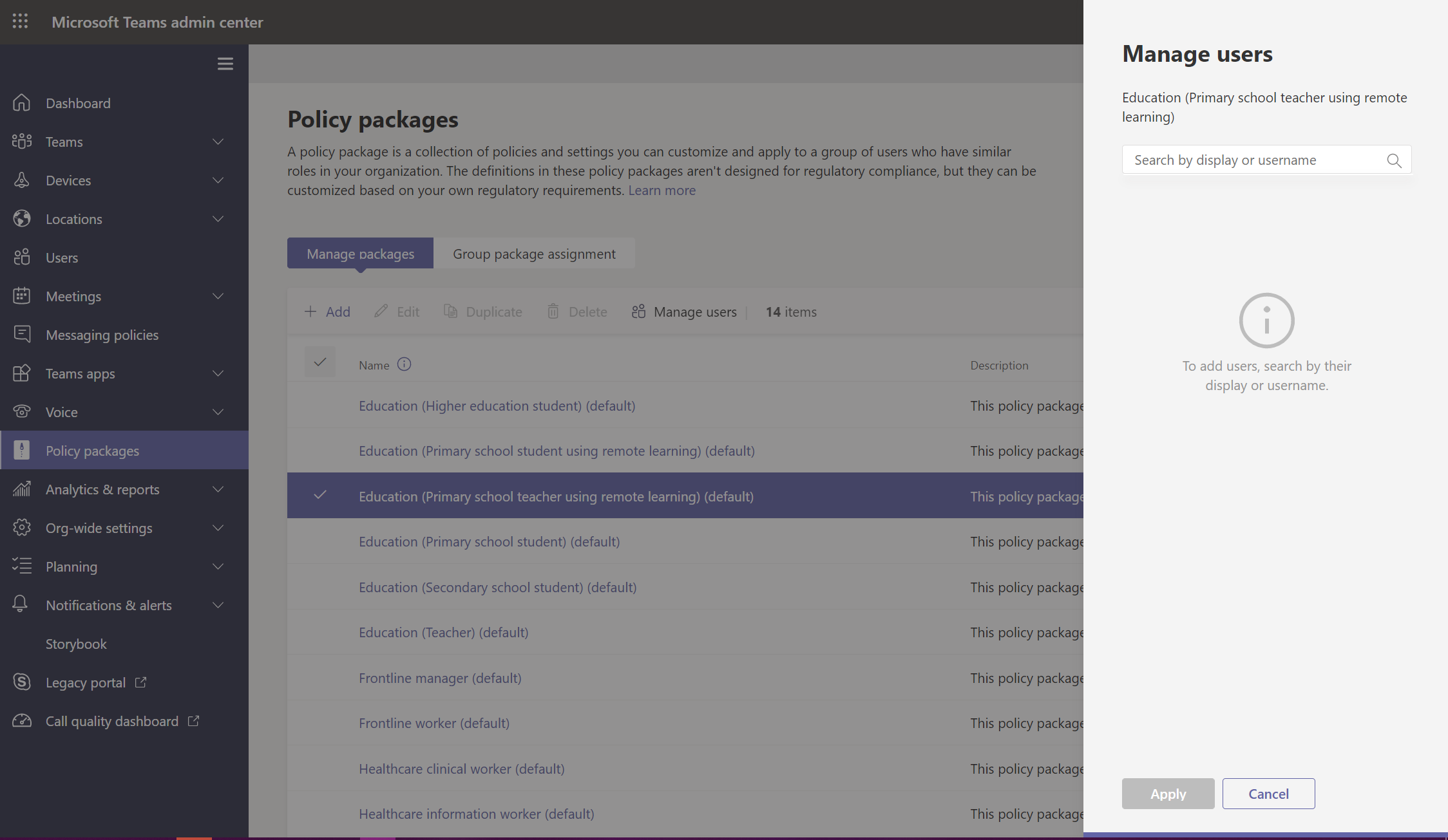 Teams admin center screenshot for policy package assignment to multiple users.