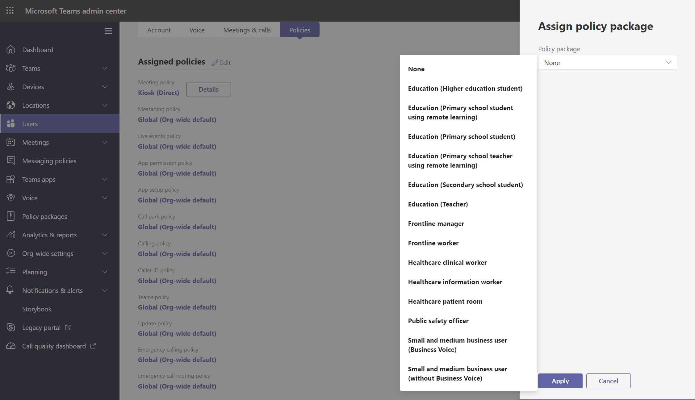Teams admin center screenshot for policy package assignment to a user.