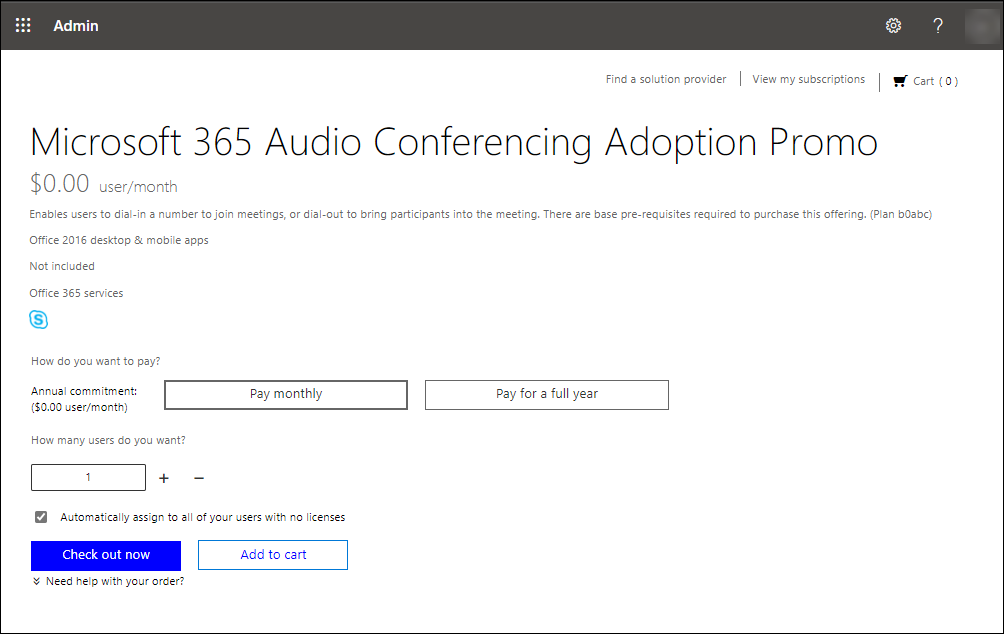 Screenshot of Audio Conferencing Adoption Promo license.