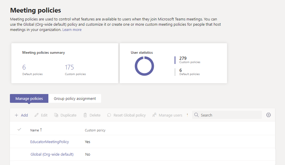 Screenshot of the Meeting policies page in the Teams admin center.