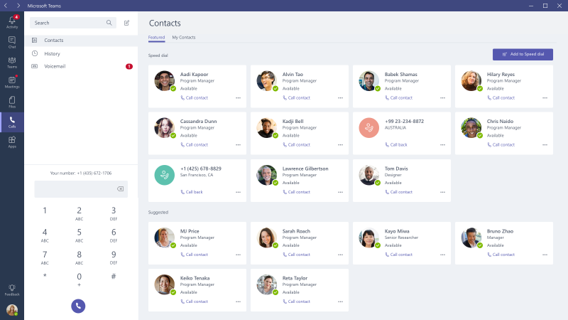 Screen shot showing the Contacts page in Teams.
