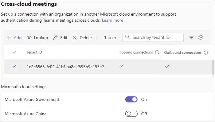 Screenshot of cross-cloud meetings settings in the Teams admin center.