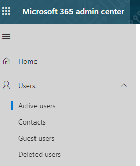 Screenshot of the Active users menu option in the Microsoft O365 Admin Center.