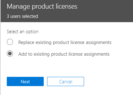 Screenshot of the Manage product licenses window, with the Add to existing product license assignments radio button selected.