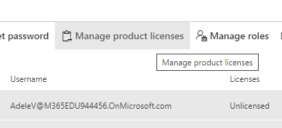 Screenshot of the Manage product licenses tab and a user underneat, listing as unlicensed.