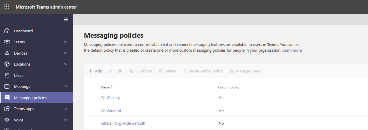 Message policy location in the Teams admin center.