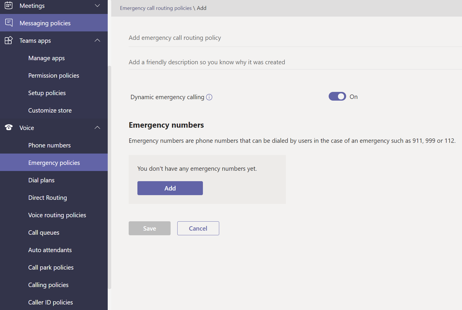 Screenshot of emergency call routing policy.