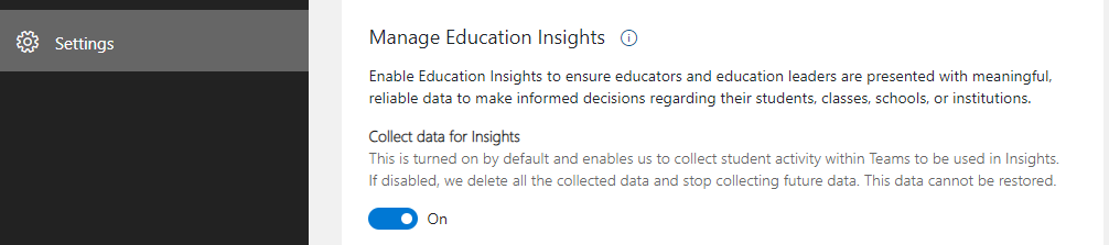 A screenshot of the SDS Admin Center page where you have a settings option to turn Insights on or off.