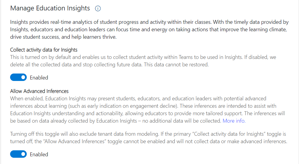 Screenshot of the SDS admin center toggles to turn Insights off and on