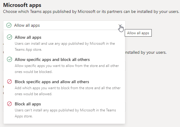 Screenshot showing the app permissions policy in the Teams admin center.