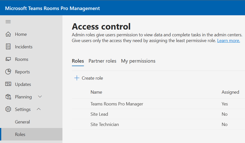 Screenshot of Access control page showing roles.