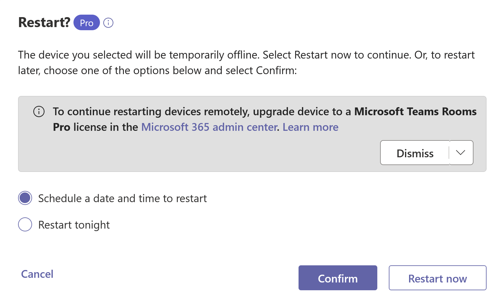 Teams Rooms device restart dialog showing Pro icon.