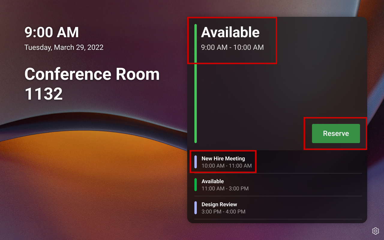 This screenshot shows how the Teams panels Home screen appears when the meeting space is available.