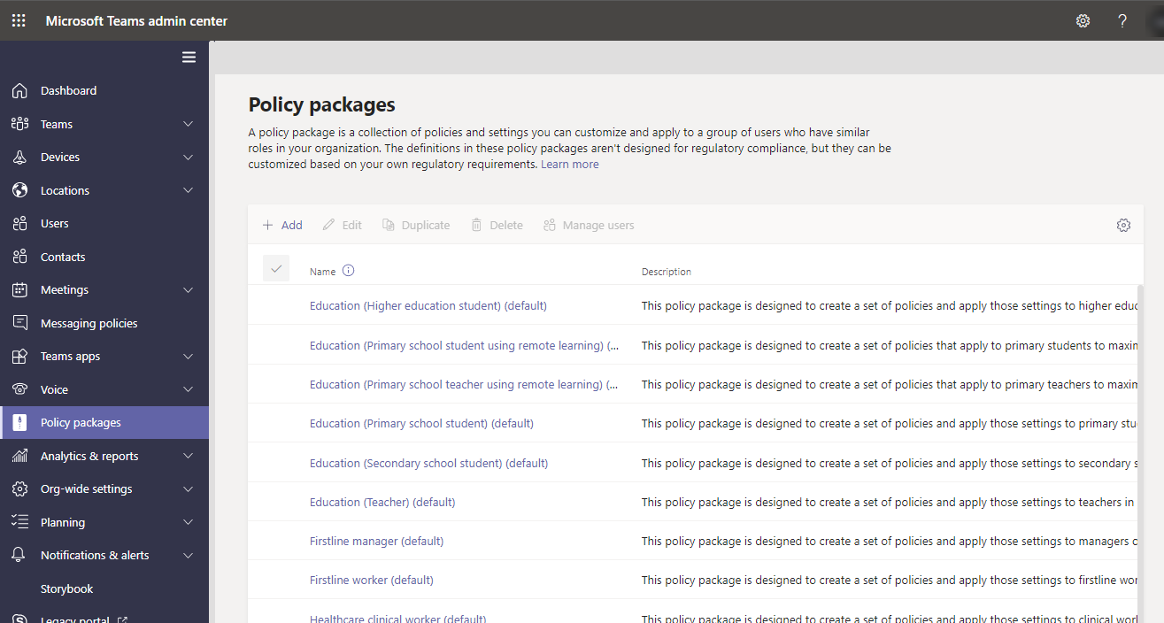 Screenshot of the Policy packages page in the admin center.